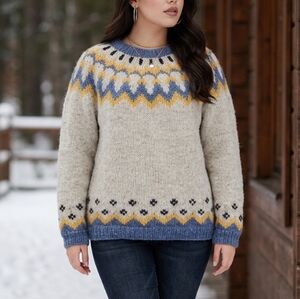 Vintage Fair Isle Wool Sweater Chunky Nordic Cozy Blue Cream L